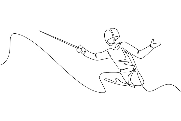 One single line drawing of a young woman fencer athlete in fencing exercising on sport illustration