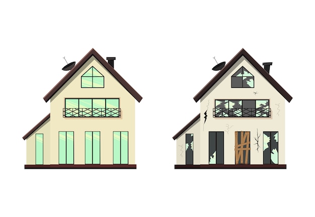 Vector one-storey house before and after repair. cartoon style. illustration.