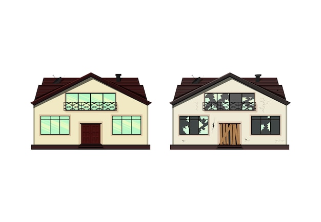 One-storey house before and after repair. Cartoon style. illustration.