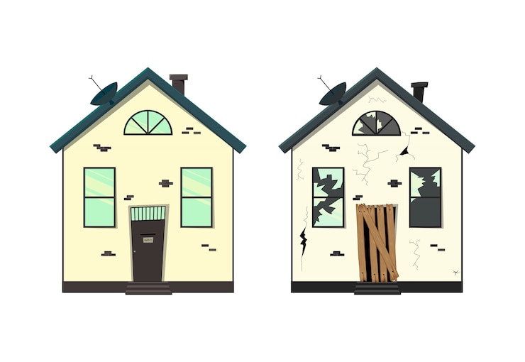 Vector one-storey house before and after repair