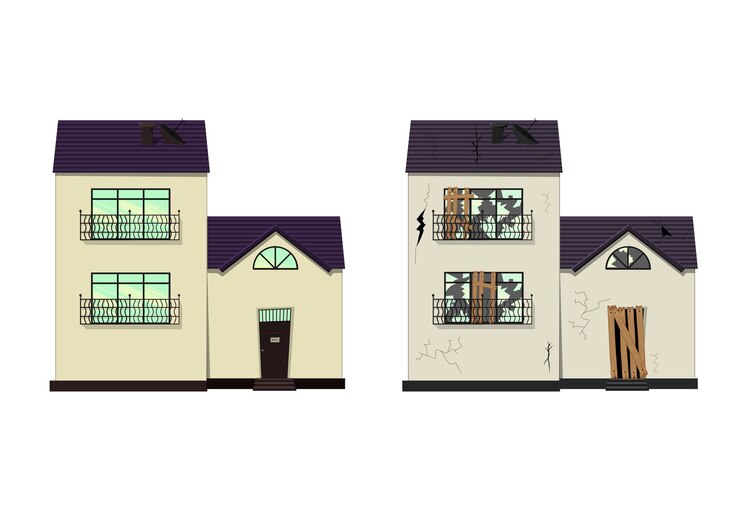 Vector one-storey house before and after repair