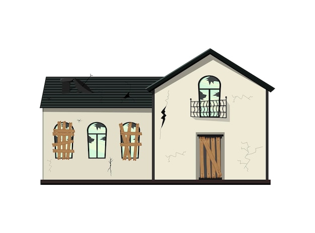 One-story old dilapidated house before renovation. Cartoon style. Vector illustration.