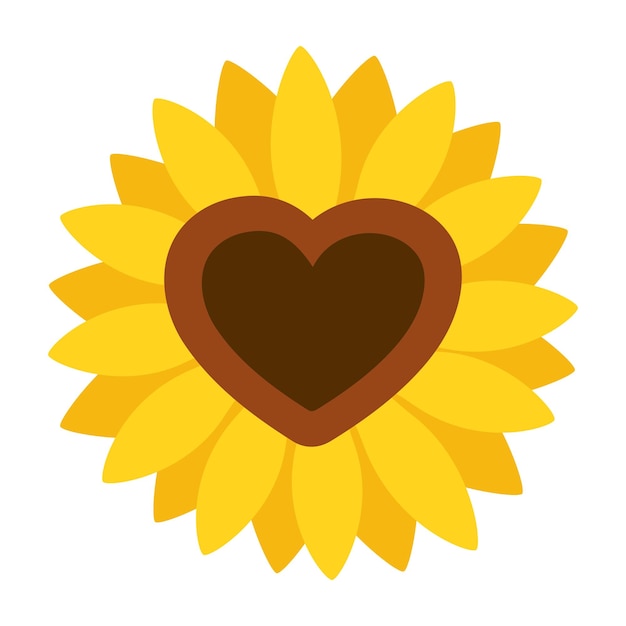 One sunflower with heart shape in flat vector style