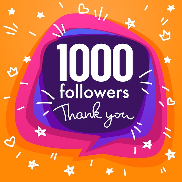 Vector one thousand followers , thank you banner, stars, confetti and lettering composition