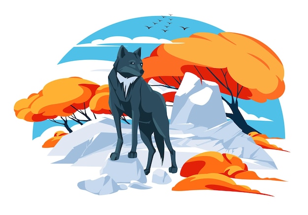 벡터 한 늑대는 돌에 서 있다 야생 동물 가 숲 배경 벡터 평면 그림