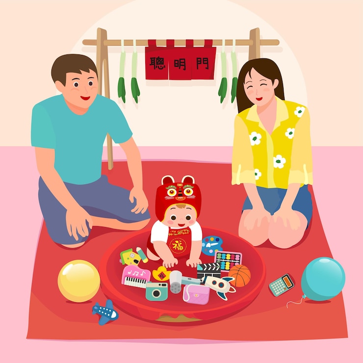 Vector one year old catch is a chinese ritual held at a childs first birthday party