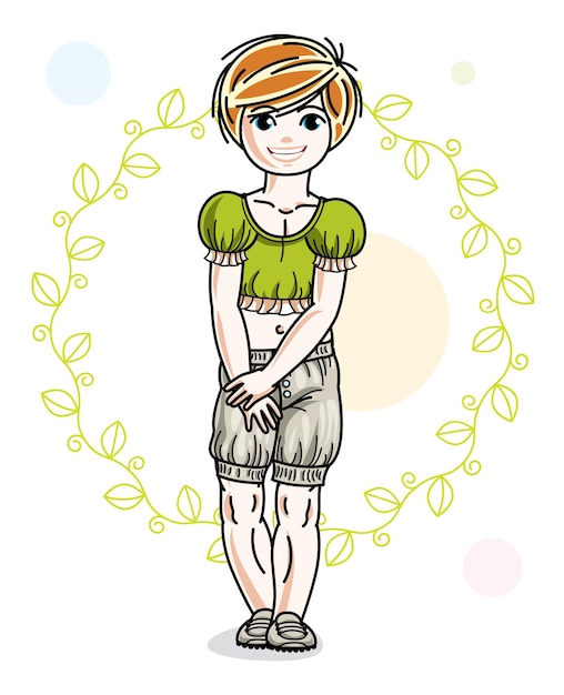 onegirl_041Little red-haired cute girl standing on spring eco background with leaves. Illustration of vector attractive kid wearing casual clothes.