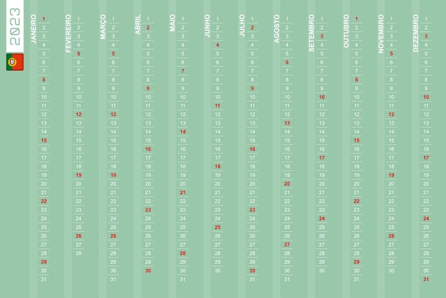 Onerow vertical calendar for the year 2023 in Portuguese Portuguese calendar for 2023 with highlighted Sundays