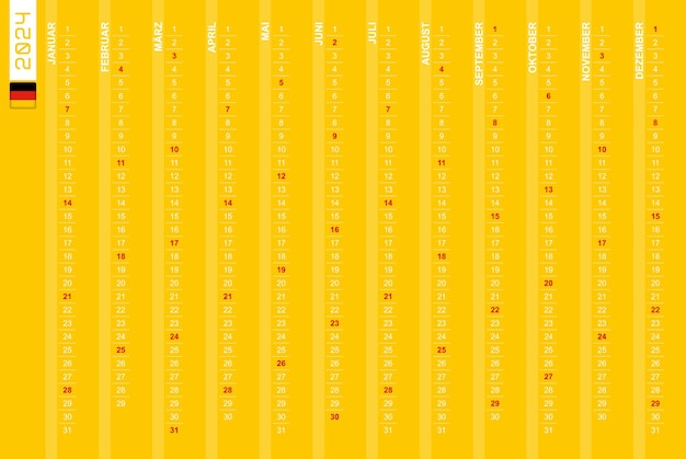 Onerow vertical calendar for the year 2024 in German