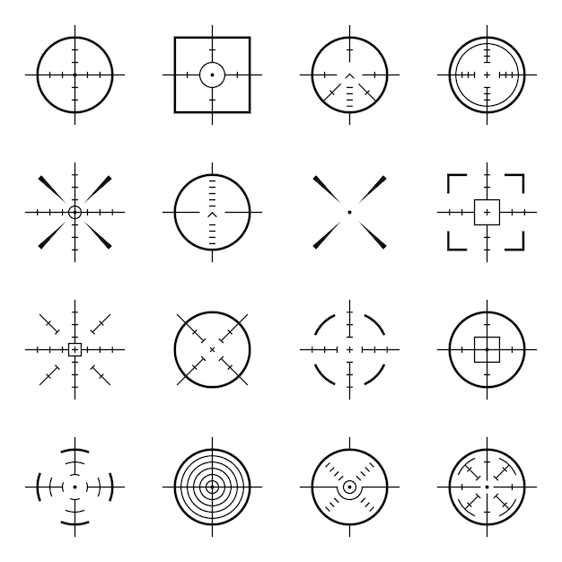 Ongebruikelijke bullseye, nauwkeurige focussymbolen. Precisiedoelen, schietdoelen vectorpictogrammen