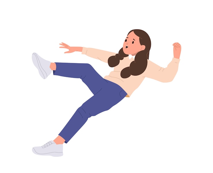 Vector ongelukkig uitgegleden gestruikeld meisje kind cartoon personage vallen op wandelen buiten vector illustratie