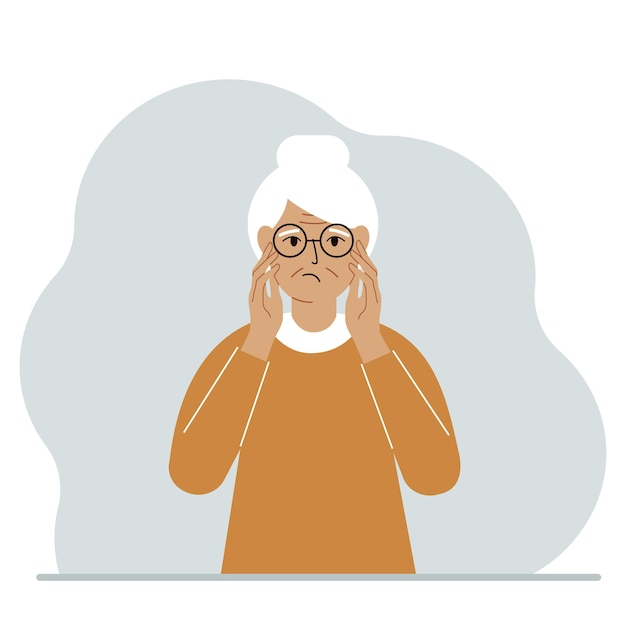 Ongelukkige grootmoeder die zijn hoofd met zijn handen vasthoudt. Emoties en lichaamstaal concept. Stress, spanning en migraine concept.