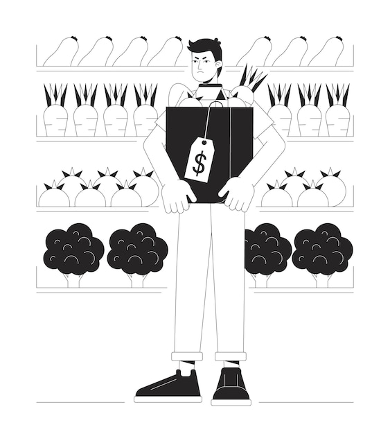 Ongelukkige man in de supermarkt bw concept vector spot illustratie