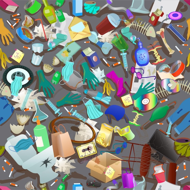 Vector ongesorteerd afvalhoop naadloos patroon bio-afval industrieel afval medisch afval