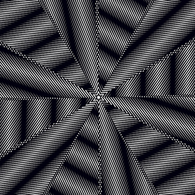 Ongrijpbare achtergrond met zwarte chaotische lijnen, moiré-stijl. Contrast vector geometrische trance patroon, optische achtergrond.