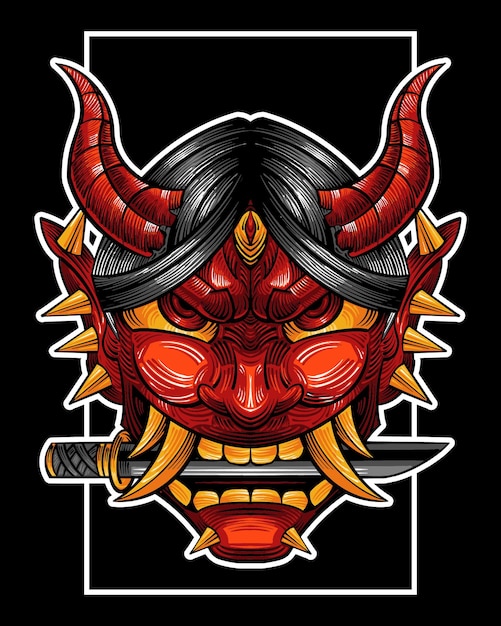 oni or hannya mask traditional in japanese illustration style