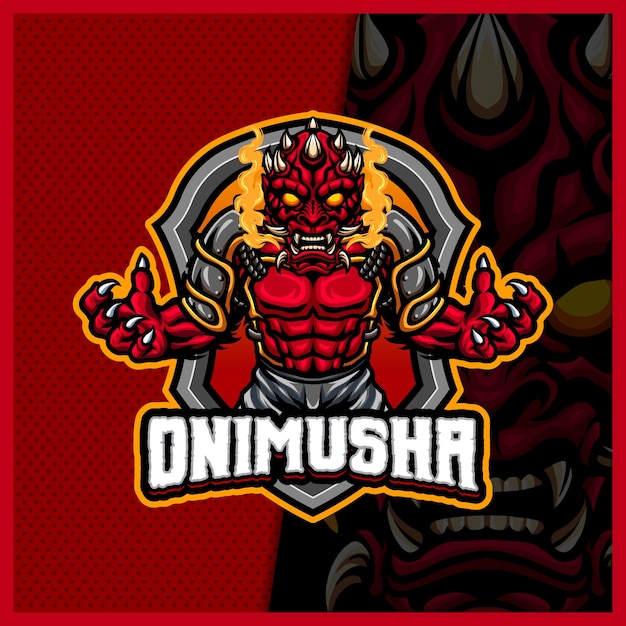 Oni Mask Face 마스코트 Esport 로고 디자인 일러스트레이션 벡터 템플릿, 팀 게임 스트리머 유튜버 배너 트위치 불화, 풀 컬러 만화 스타일을 위한 이블 몬스터 로고