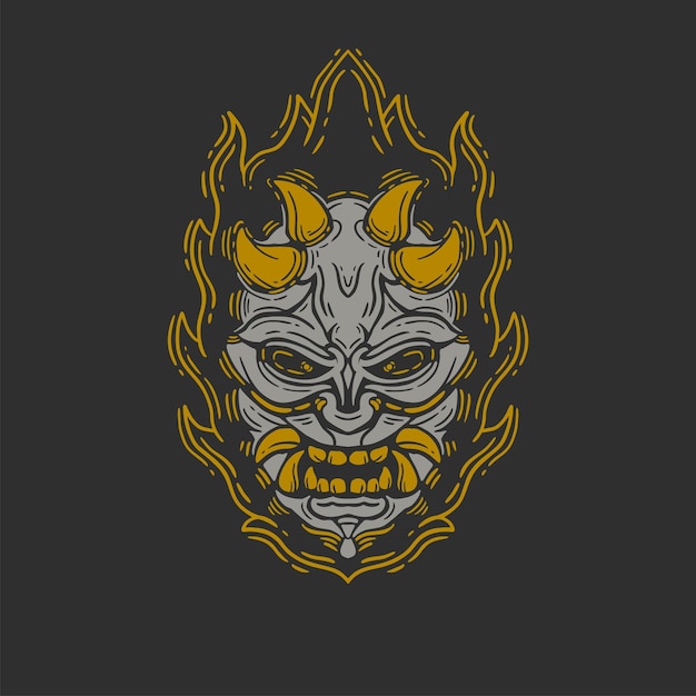 oni mask on fire illustration for t shirt and apparel with vintage style