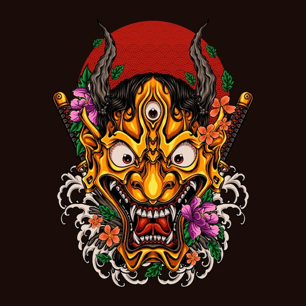 oni mask with waves and flowers ornament vector illustration