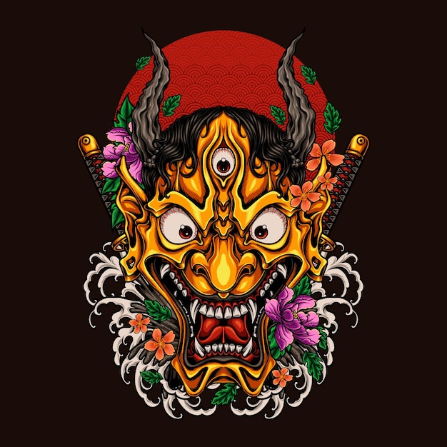 Oni mask with waves and flowers ornament vector illustration