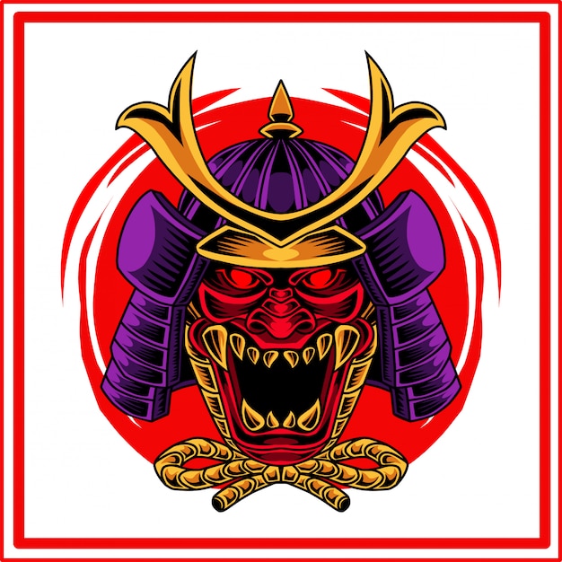 Vettore logo mascotte testa oni samurai