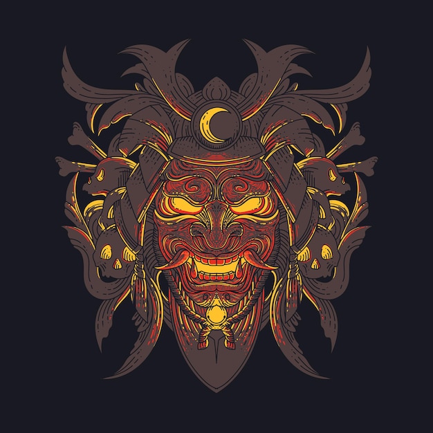 oni samurai mask vector template. illustration of glowing oni samurai mask