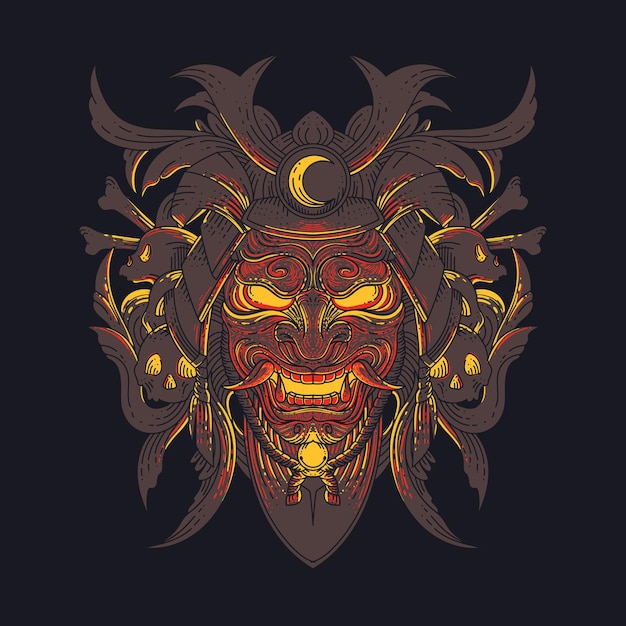 Oni samurai mask vector template. illustration of glowing oni samurai mask