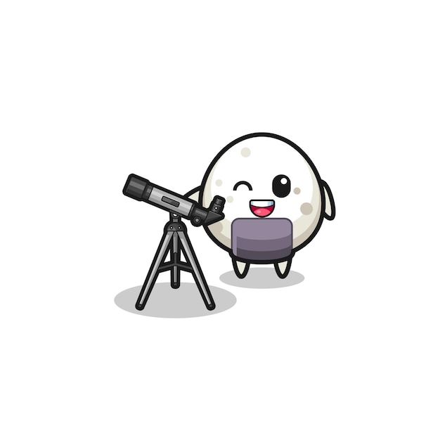 Onigiri astronomer mascot with a modern telescope