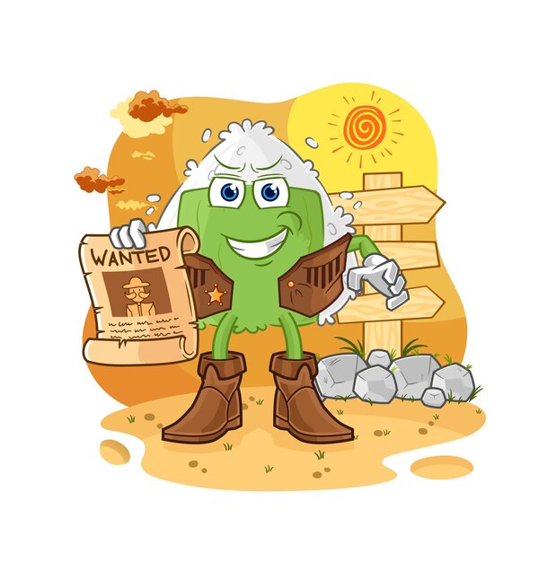 Onigiri cowboy met wilde papieren cartoon mascotte vector