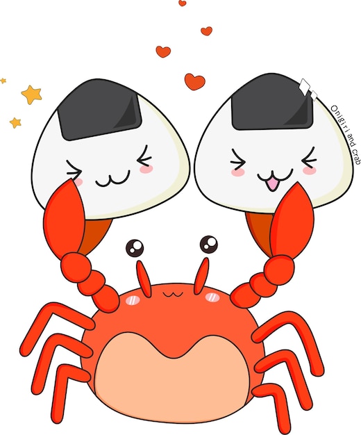 Onigiri and crab in the form of cartoon characters in a flat style