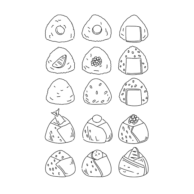 onigiri japanase food hand drawn doodle illustrations vector set