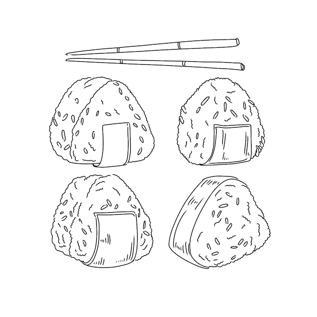 onigiri japanase food hand drawn doodle illustrations vector set