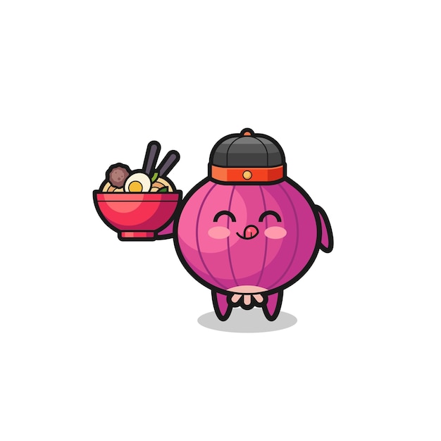 Onion as Chinese chef mascot holding a noodle bowl  cute design