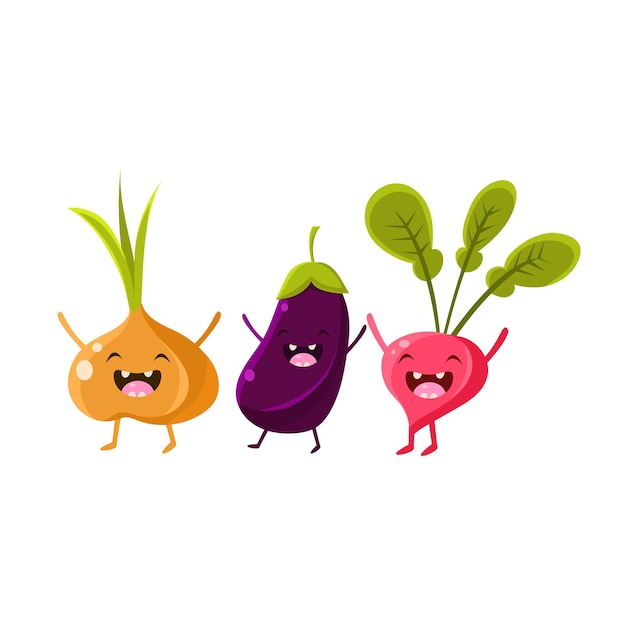 Onion Eggplant And Radish Cartoon Friends Vector Isolated Illustration On White Background