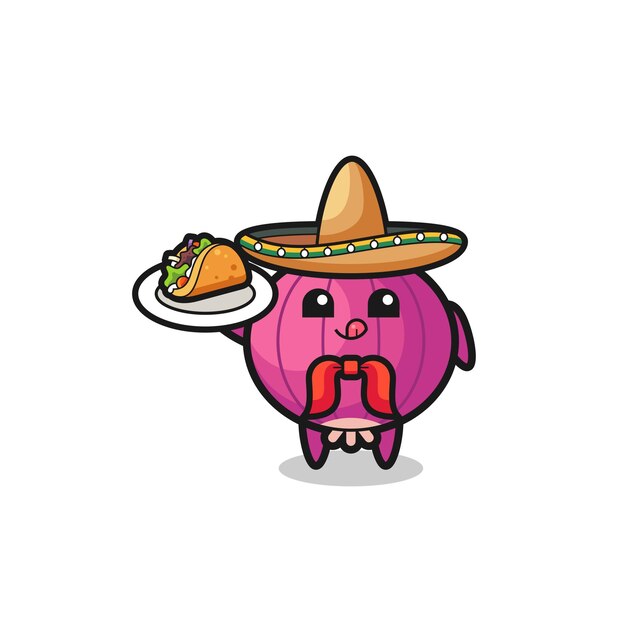 Onion Mexican chef mascot holding a taco cute design