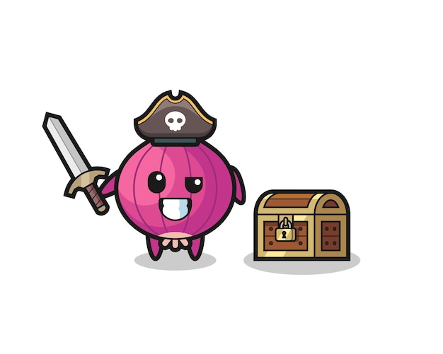 The onion pirate character holding sword beside a treasure box