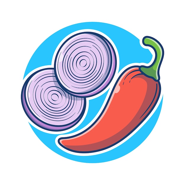 Illustrazione del fumetto di anello di cipolla e peperoncino rosso. concetto di verdura rossa piccante e cipolla. illustrazione di cibo e verdura. stile cartone animato piatto.