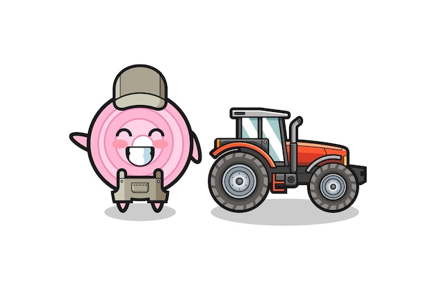 The onion rings farmer mascot standing beside a tractor