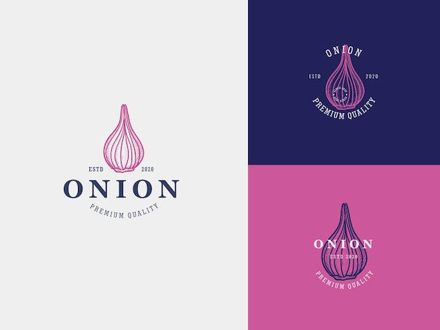 Onion spice hand draw logo template with premium vintage typography