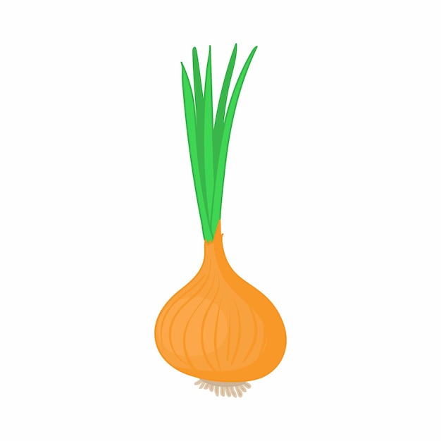 Onion with fresh green sprout icon in cartoon style on a white background