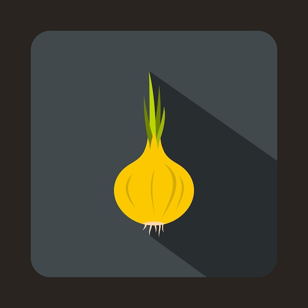 Onion with fresh green sprout icon in flat style on a grey background