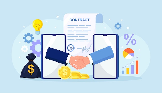 Vector online agreement, conclusion of the transaction. two men talk through phone screens, shake hands. businessman handshaking on smartphone. business partnership. handshake after successful negotiations