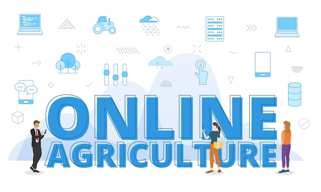 Online agriculture concept with big words and people surrounded by related icon with blue color style