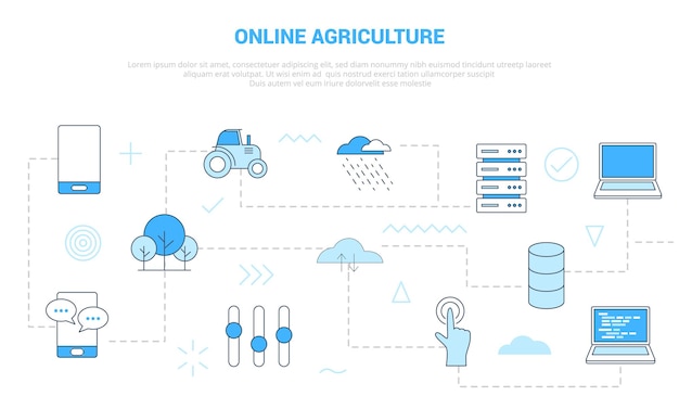 Концепция онлайн-сельского хозяйства с разбросанными и взаимосвязанными значками синего цвета