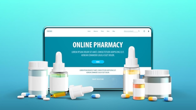 Online apotheek blauwe banner met tablet met aanbieding op het scherm en medicijnen