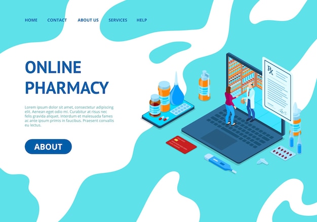 Online apotheek concept kaart landing webpagina sjabloon 3d isometrische weergave vector