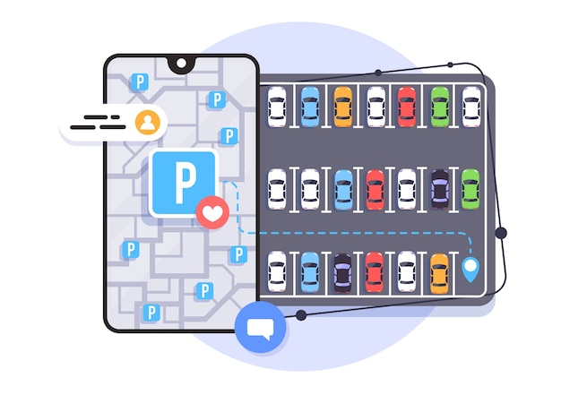 Online applicatie voor het vinden van parkeerplaatsen, stadsparkeren, illustratie.