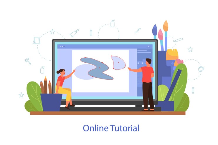 Vector online art tutorial concept. distance study, art class. people learning to draw in digital program online. vector illustration in cartoon style