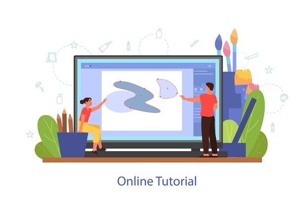 온라인 아트 튜토리얼 개념. 원격 연구, 미술 수업. 온라인 디지털 프로그램에서 그리는 법을 배우는 사람들. 만화 스타일의 벡터 일러스트 레이션