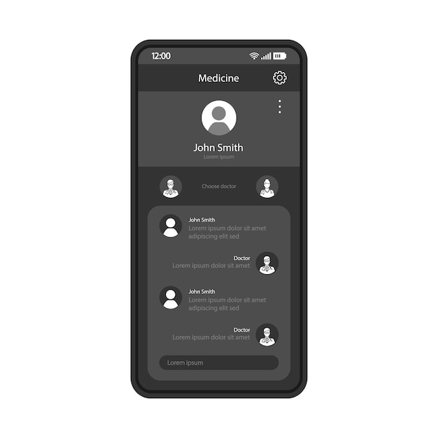 Online arts consultatie smartphone app interface vector sjabloon mobiele geneeskunde en gezondheidszorg toepassing pagina zwart ontwerp lay-out internet medisch diagnostisch scherm flat ui telefoon display